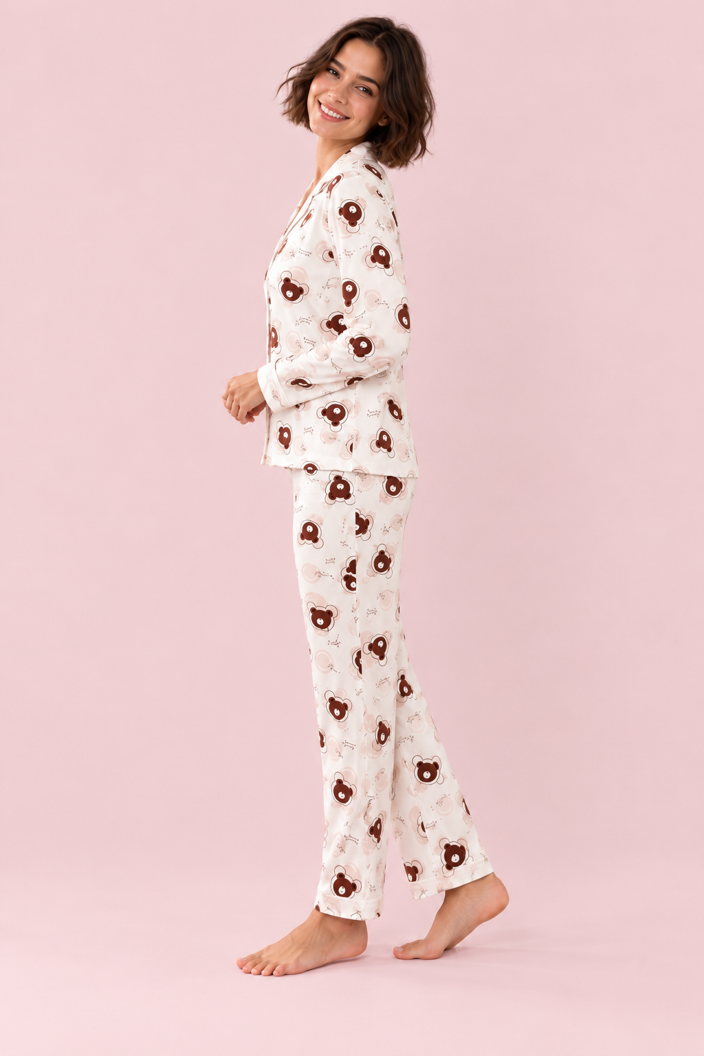 StarinciKadın Ekru Mini Çiçek Desenli Düğmeli Uzun Kollu Pijama Takımı