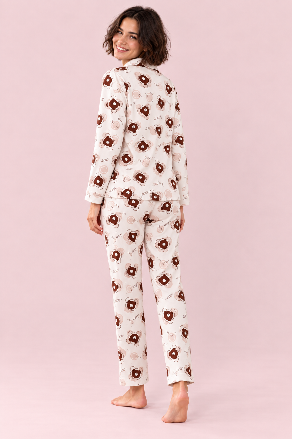 StarinciKadın Ekru Mini Çiçek Desenli Düğmeli Uzun Kollu Pijama Takımı