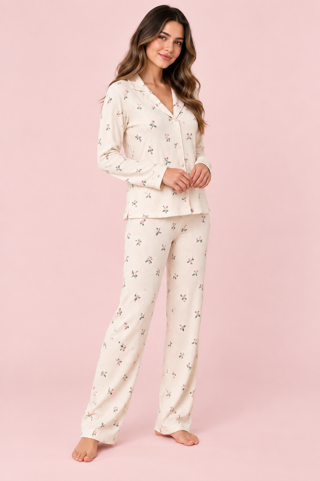 StarinciKadın Ekru Mini Çiçek Desenli Düğmeli Uzun Kollu Pijama Takımı