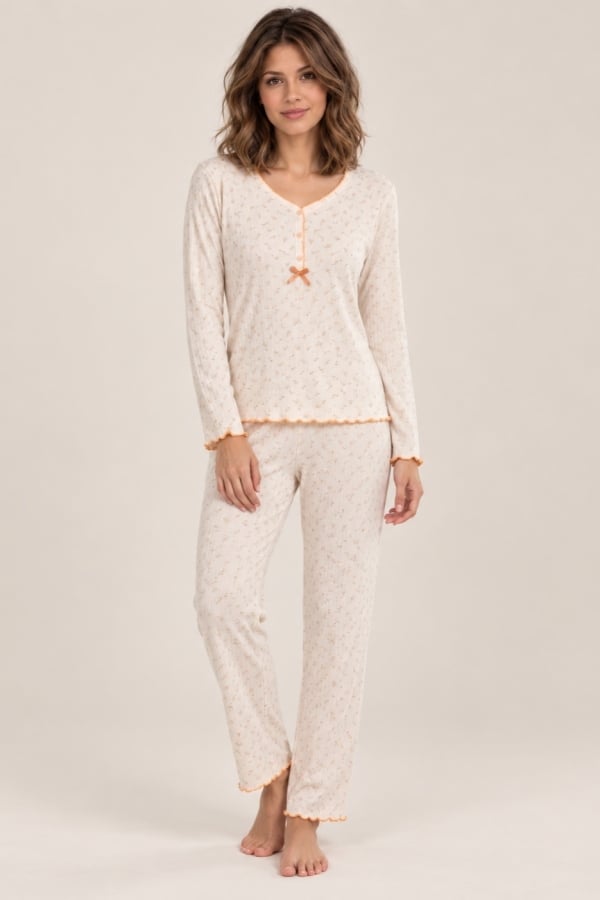 StarinciKadın Ekru Mini Çiçek Desenli Düğmeli Uzun Kollu Pijama Takımı