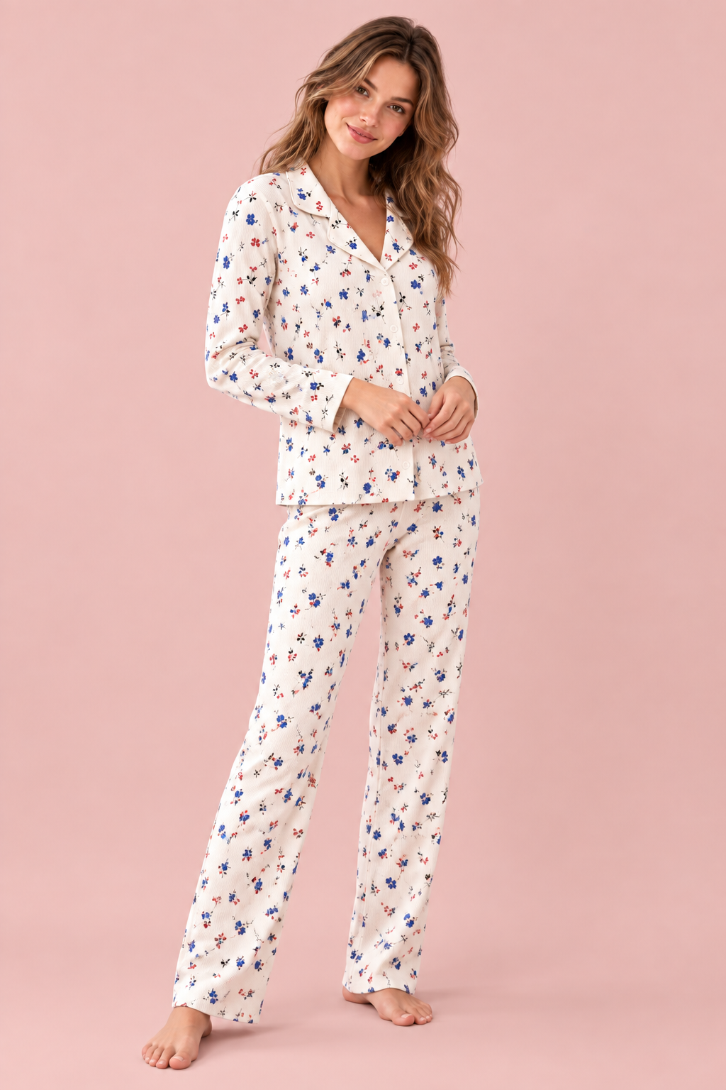 StarinciKadın Ekru Renkli Çiçek Desenli Düğmeli Pijama Takımı