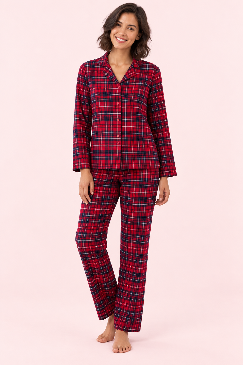 StarinciKadın Kırmızı Lacivert Ekose Desenli Gömlek Yaka Pijama Takımı