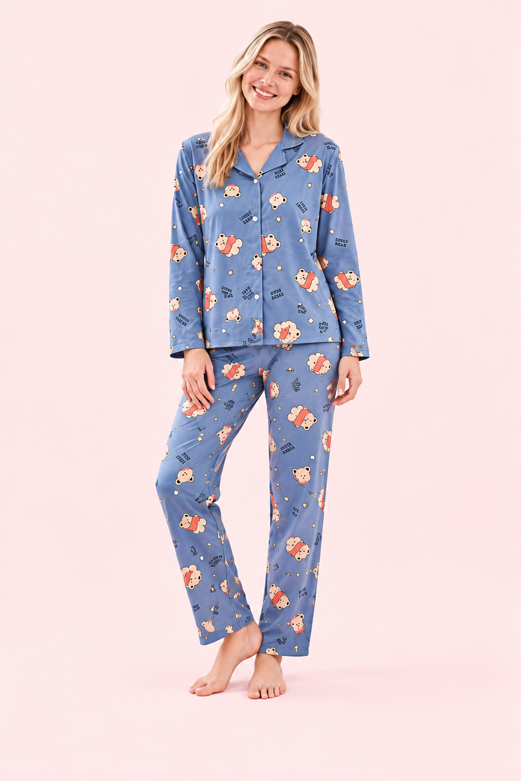 StarinciKadın Mavi Ayıcık Desenli Önden Düğmeli Gömlek Yaka Pijama Takımı