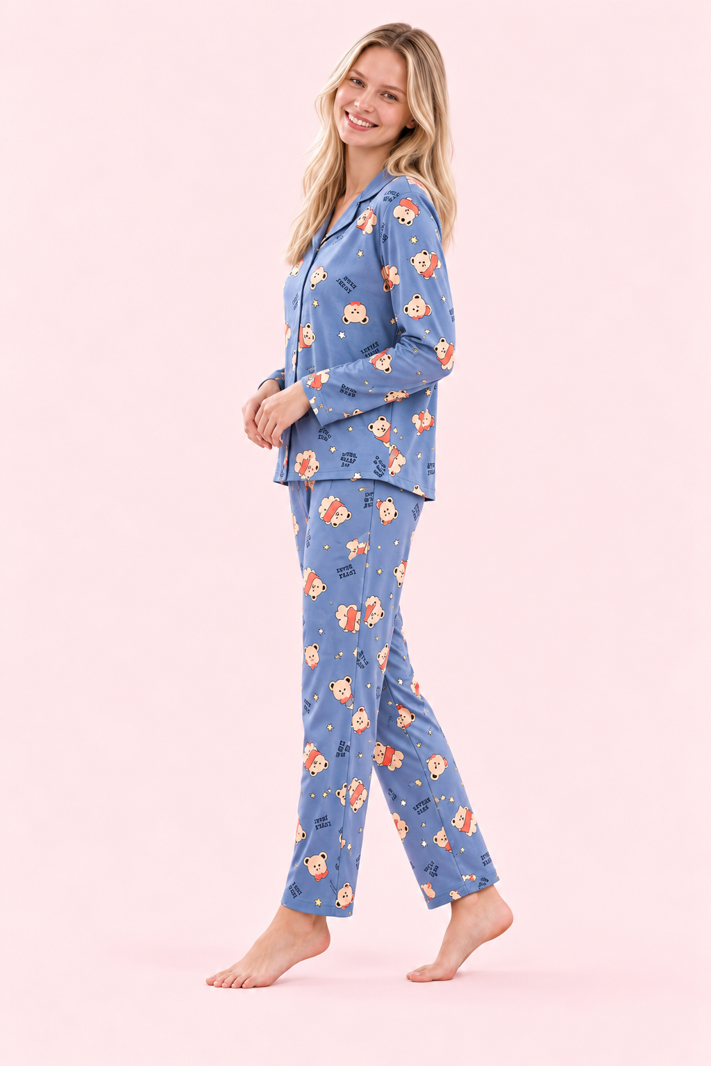 StarinciKadın Mavi Ayıcık Desenli Önden Düğmeli Gömlek Yaka Pijama Takımı