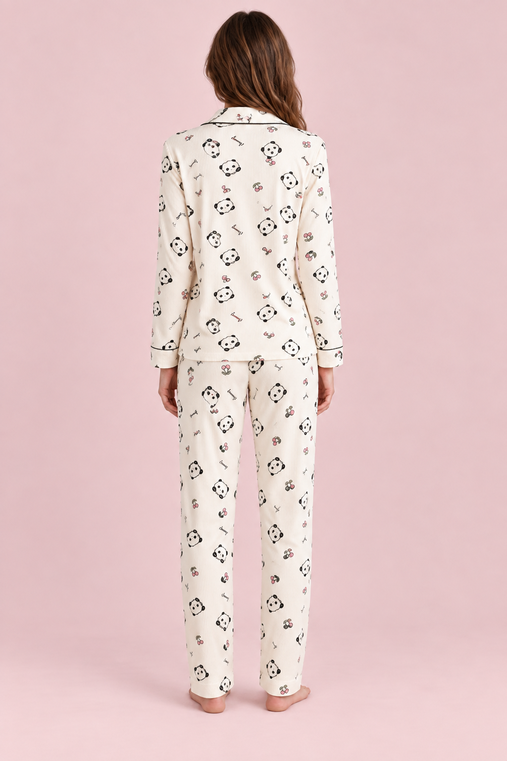 StarinciKadın Panda Desenli Pijama Takımı Ekru İkili Takım