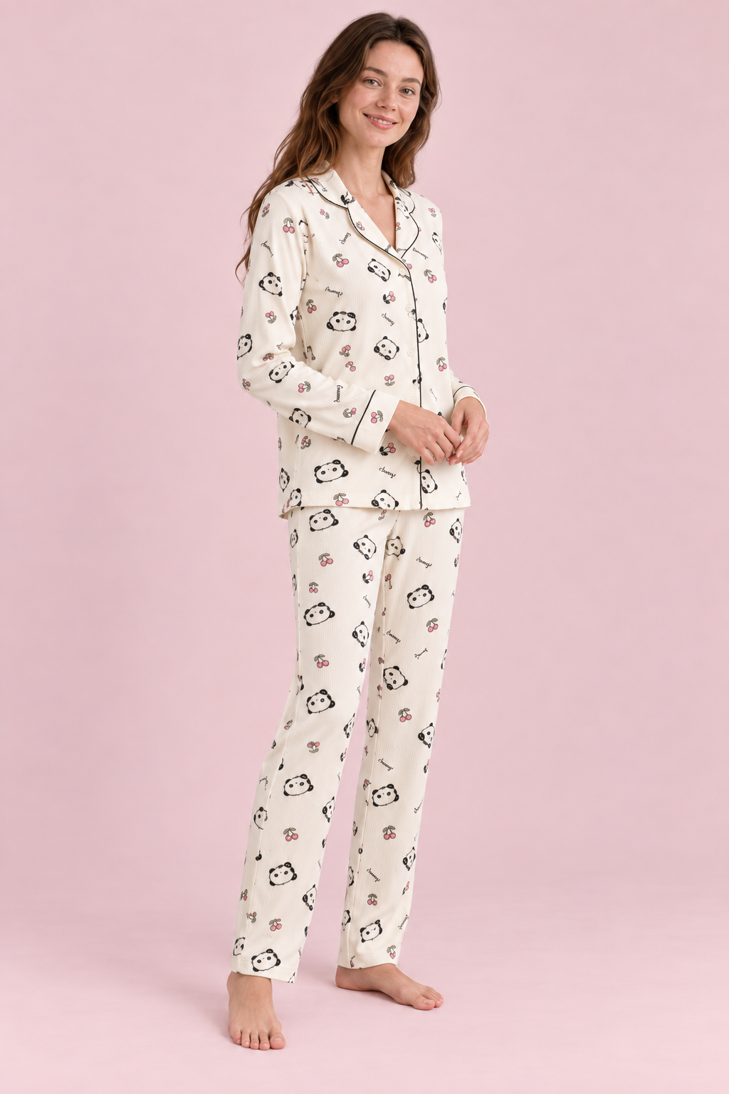 StarinciKadın Panda Desenli Pijama Takımı Ekru İkili Takım