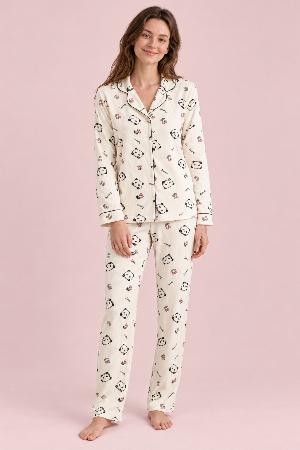 StarinciKadın Panda Desenli Pijama Takımı Ekru İkili Takım