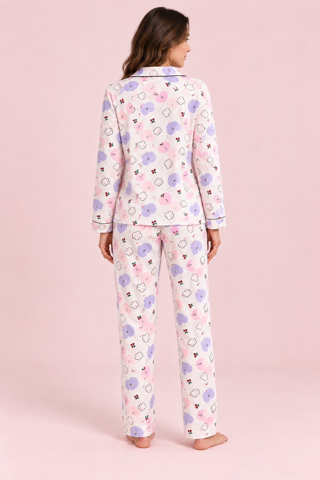 StarinciKadın Pastel Bulut Desenli Pijama Takımı Ekru İkili Takım