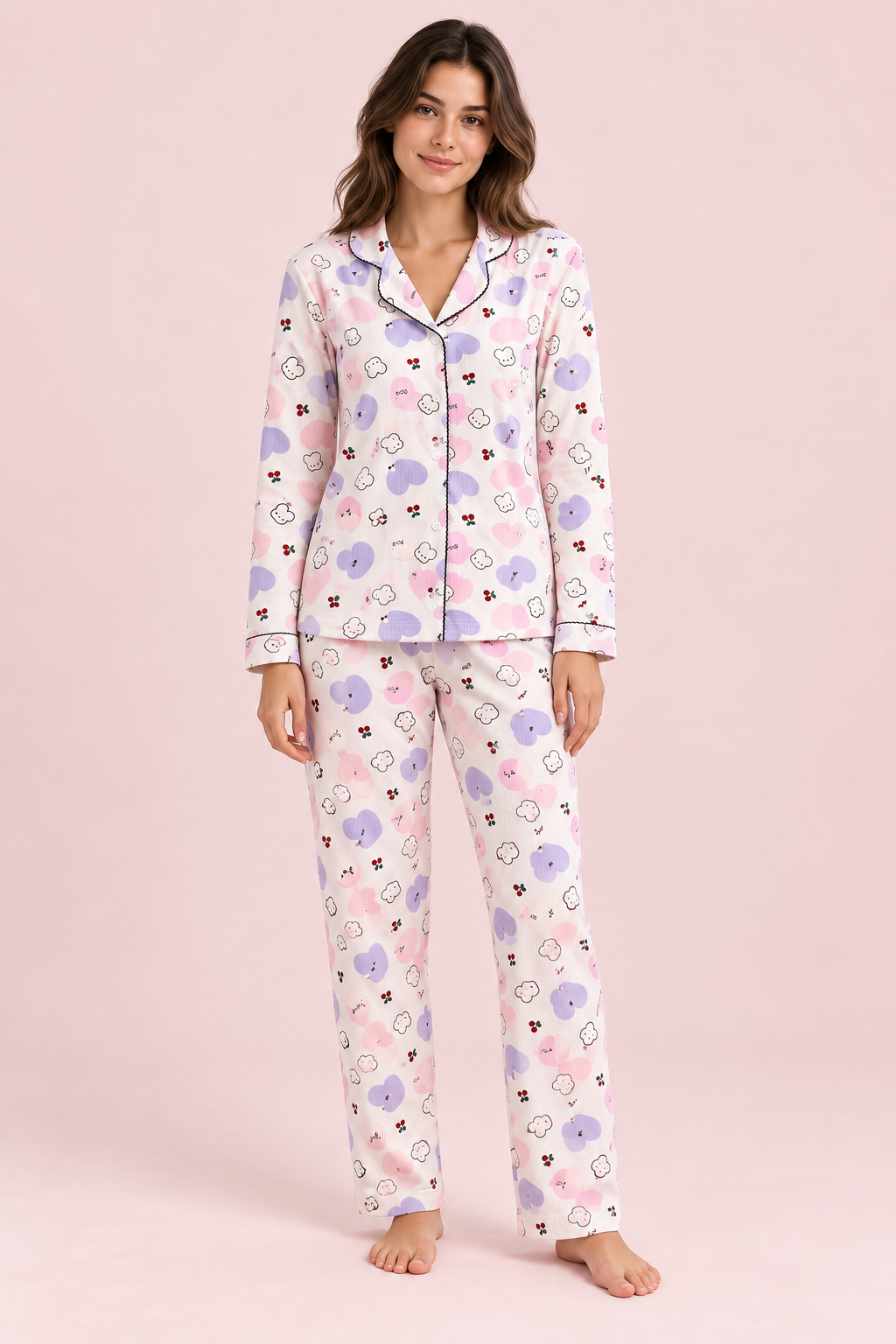 StarinciKadın Pastel Bulut Desenli Pijama Takımı Ekru İkili Takım
