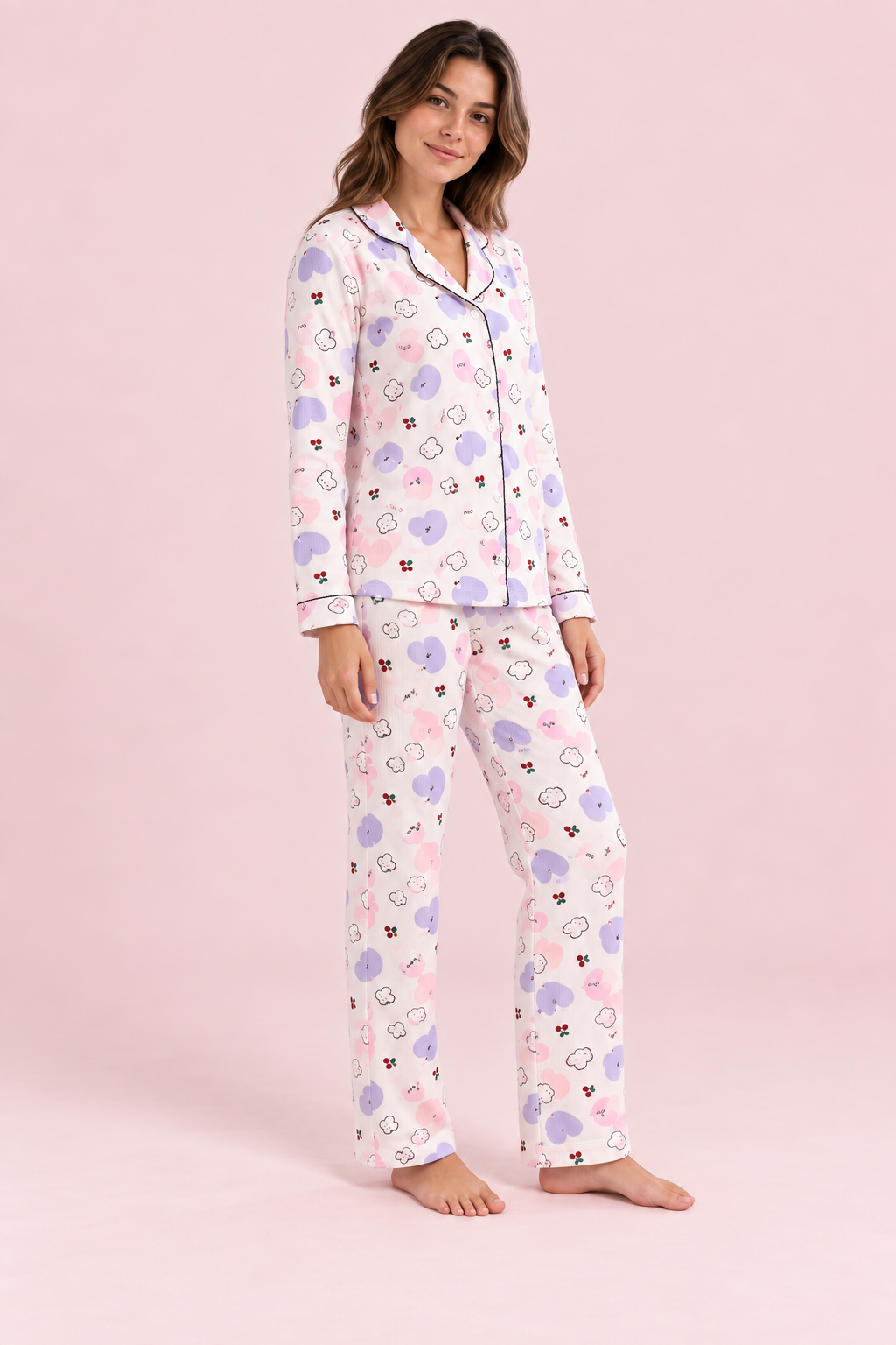 StarinciKadın Pastel Bulut Desenli Pijama Takımı Ekru İkili Takım