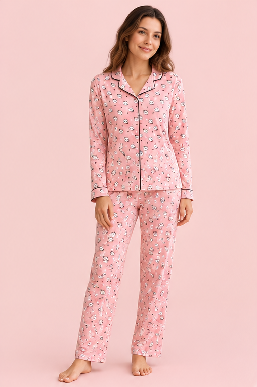 StarinciKadın Pembe Desenli Pijama Takımı Gömlek Yaka İkili Takım