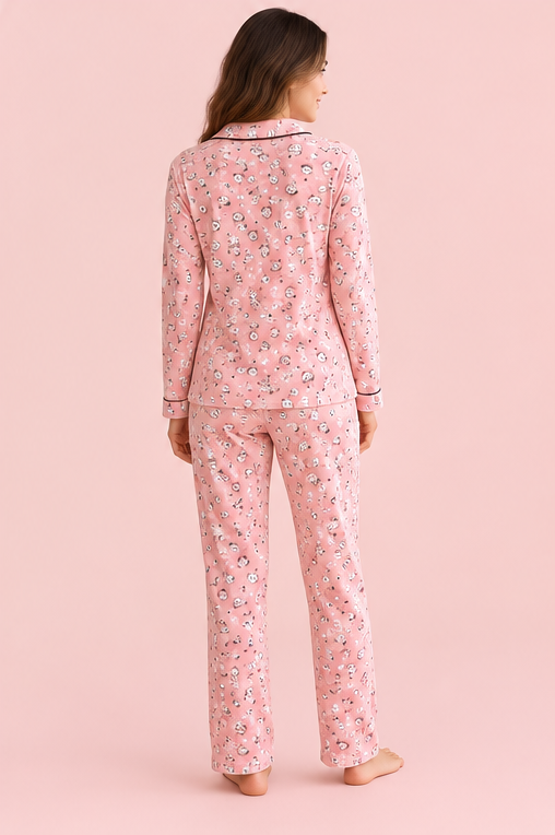 StarinciKadın Pembe Desenli Pijama Takımı Gömlek Yaka İkili Takım