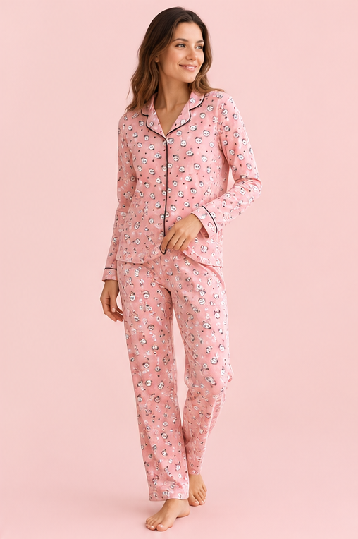 StarinciKadın Pembe Desenli Pijama Takımı Gömlek Yaka İkili Takım