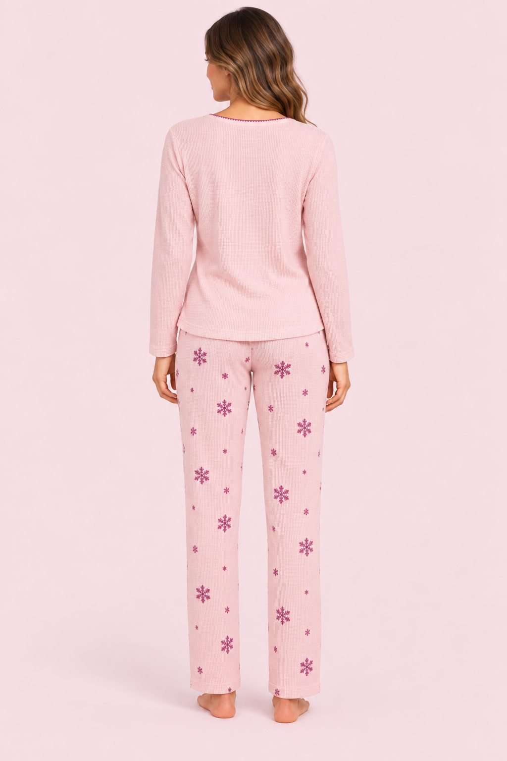 StarinciKadın Pembe Kar Tanesi Desenli Uzun Kollu Pijama Takımı