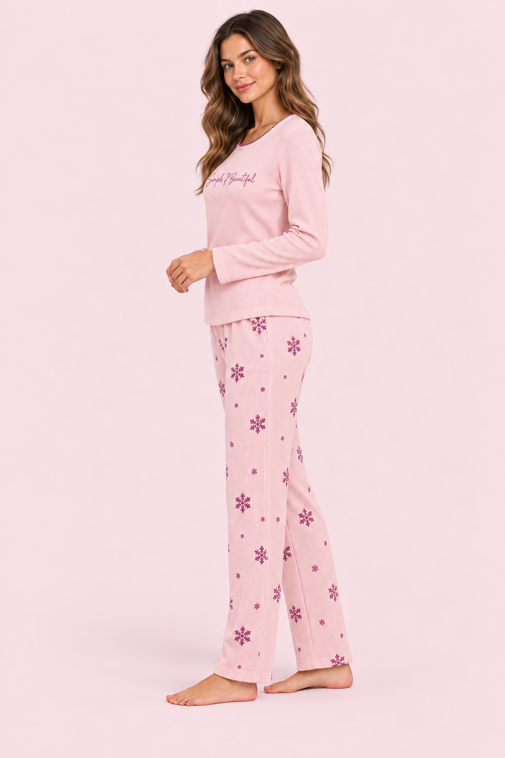 StarinciKadın Pembe Kar Tanesi Desenli Uzun Kollu Pijama Takımı