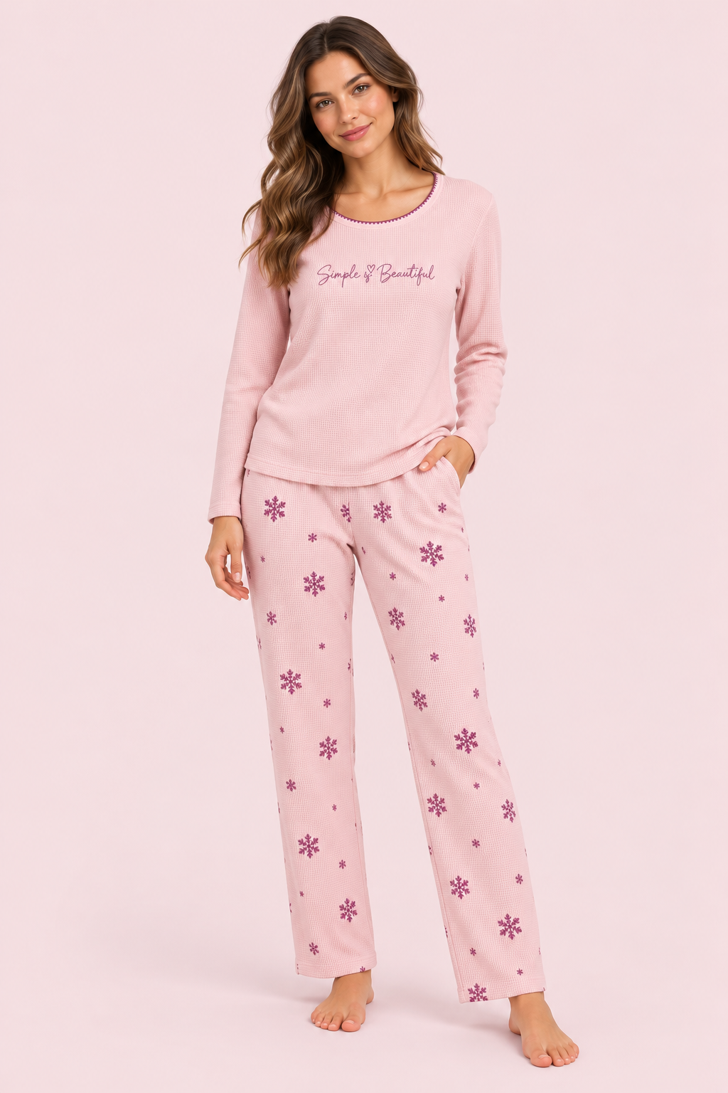 StarinciKadın Pembe Kar Tanesi Desenli Uzun Kollu Pijama Takımı