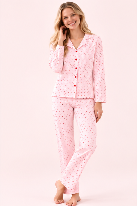 StarinciKadın Pembe Puantiyeli Önden Düğmeli Pijama Takımı
