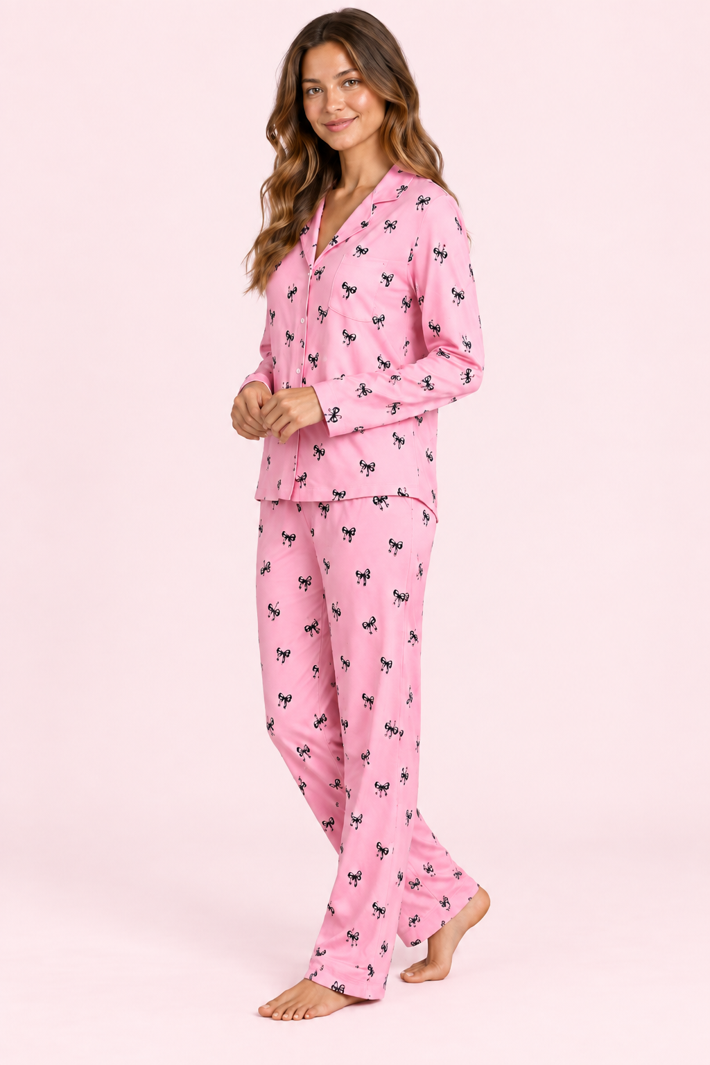 StarinciKadın Pembe Siyah Fiyonk Desenli Düğmeli Pijama Takımı