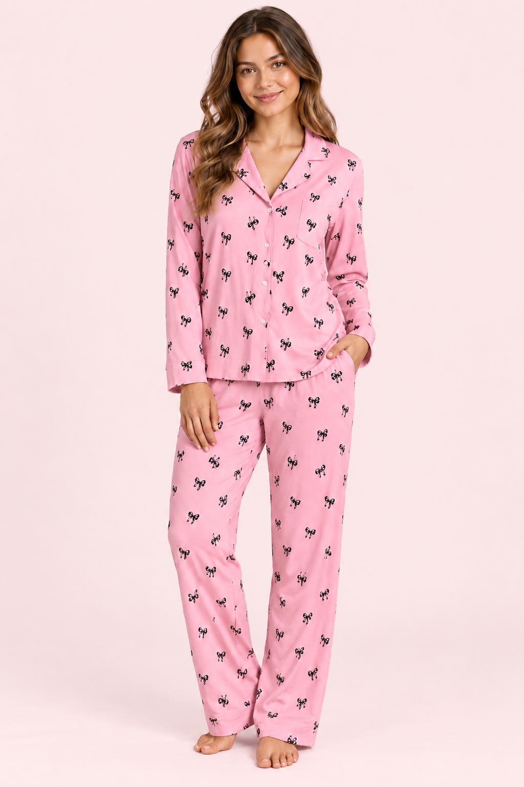 StarinciKadın Pembe Siyah Fiyonk Desenli Düğmeli Pijama Takımı