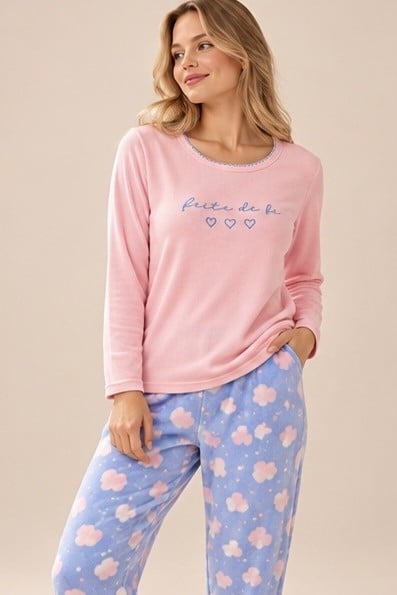 StarinciKadın Pembe Üst Mavi Kalp Desenli Polar Pijama Takımı