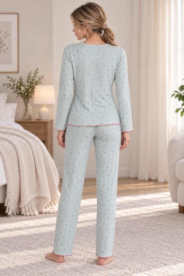 StarinciKadın Yeşil Mini Çiçek Desenli Raporlu İnterlok Pijama Takımı Rİ-02523