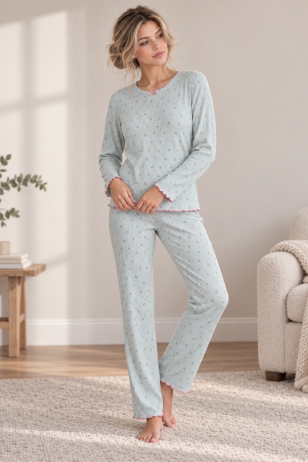StarinciKadın Yeşil Mini Çiçek Desenli Raporlu İnterlok Pijama Takımı Rİ-02523