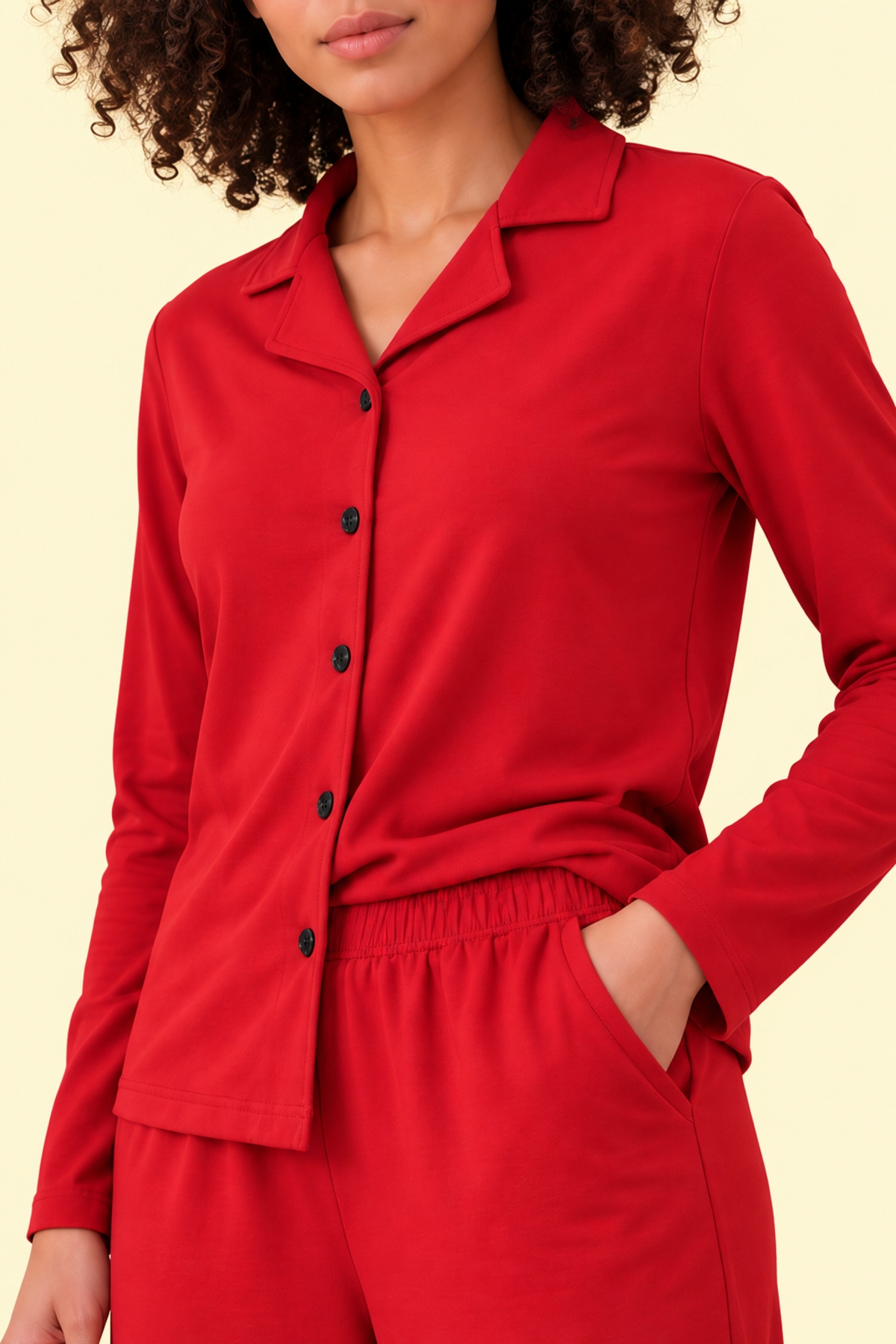 StarinciKırmızı Düğmeli Uzun Kollu %95 Pamuk Kadın Pijama Takımı
