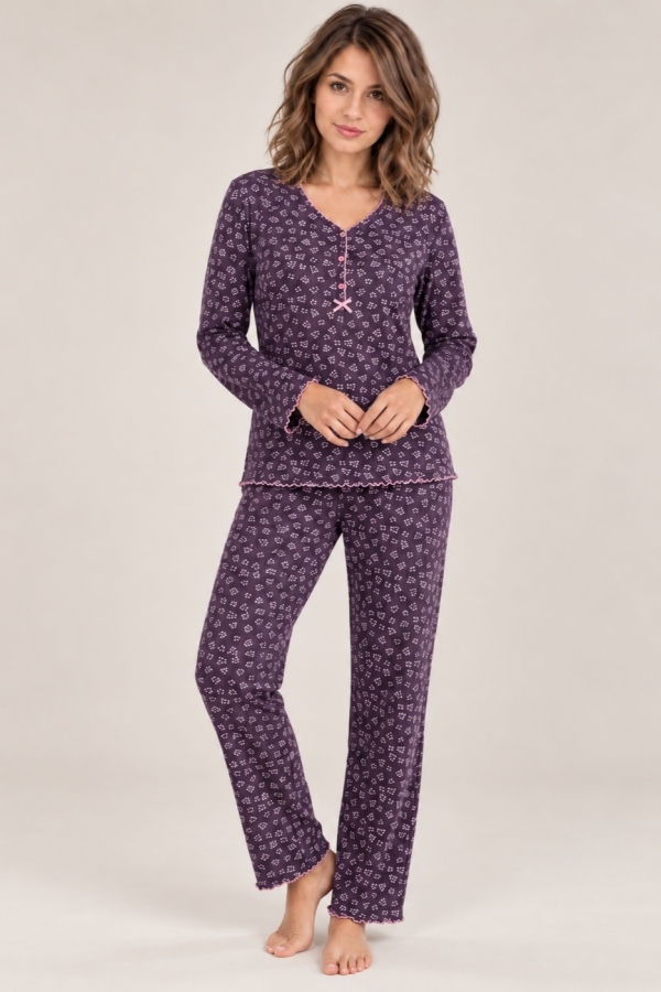 StarinciMürdüm Çıtır Çiçekli Fiyonk Detaylı Kadın Pijama Takımı
