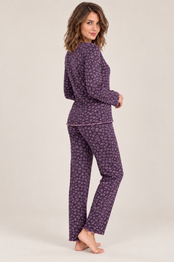 StarinciMürdüm Çıtır Çiçekli Fiyonk Detaylı Kadın Pijama Takımı