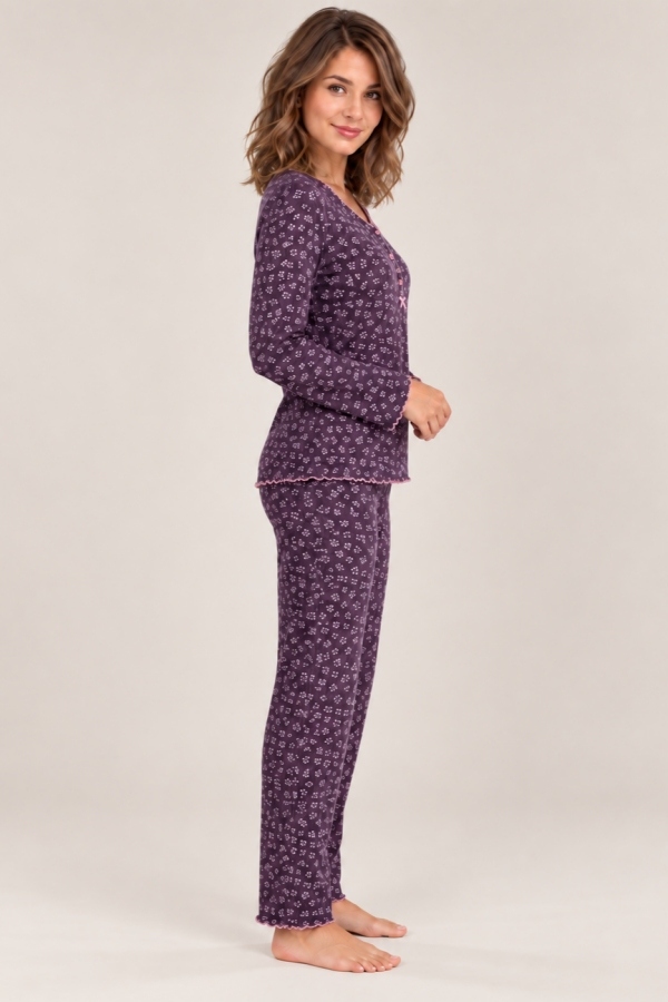 StarinciMürdüm Çıtır Çiçekli Fiyonk Detaylı Kadın Pijama Takımı