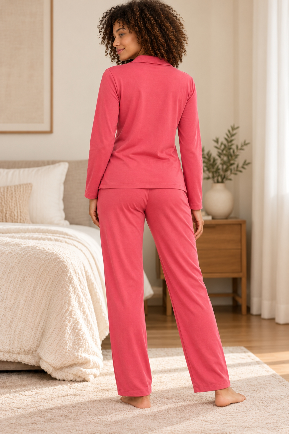 StarinciPembe Düğmeli Uzun Kollu %95 Pamuk Kadın Pijama Takımı