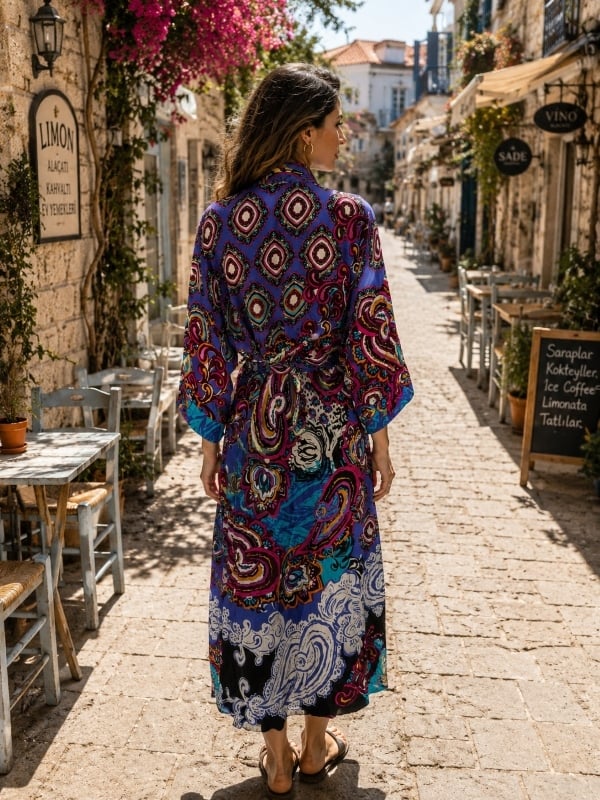 StarinciMor Etnik Desenli Kuşaklı Uzun Kimono