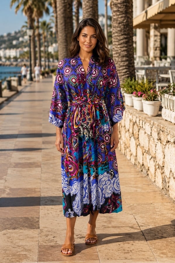 StarinciMor Etnik Desenli Kuşaklı Uzun Kimono
