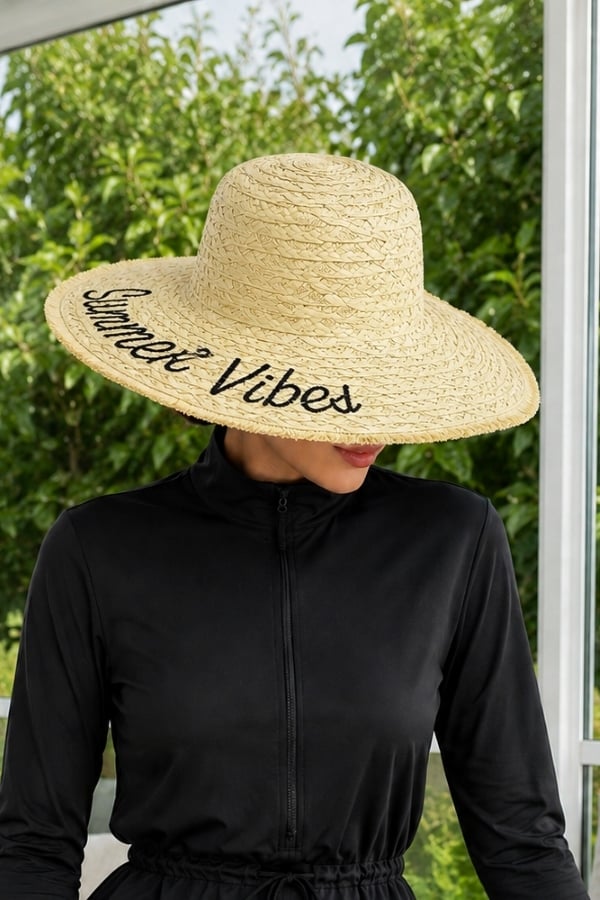 StarinciSummer Vibes Yazılı Geniş Kenarlı Hasır Görünümlü Kadın Plaj Şapkası
