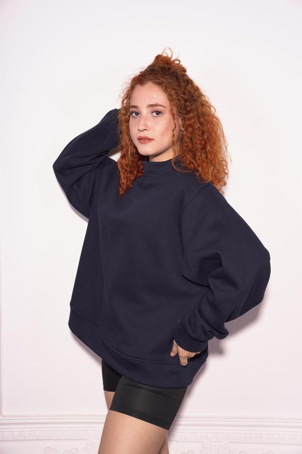 Starinci MayoStarinci Kadın Oversize Bisiklet Yaka İçi Polarlı Sweatshirt Lacivert