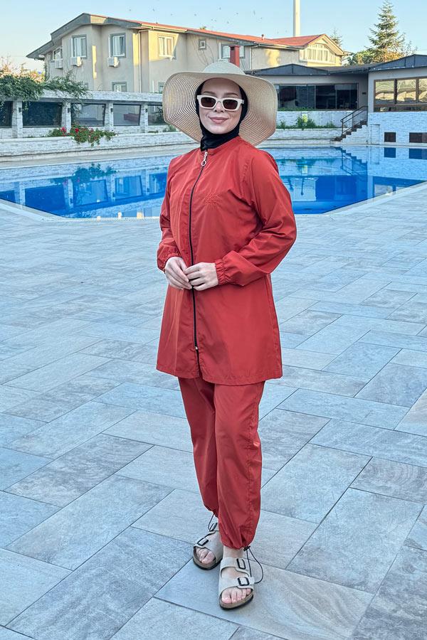 Starinci MayoKadın Tam Kapalı Tesettür Mayo Kiremit 3lü Set