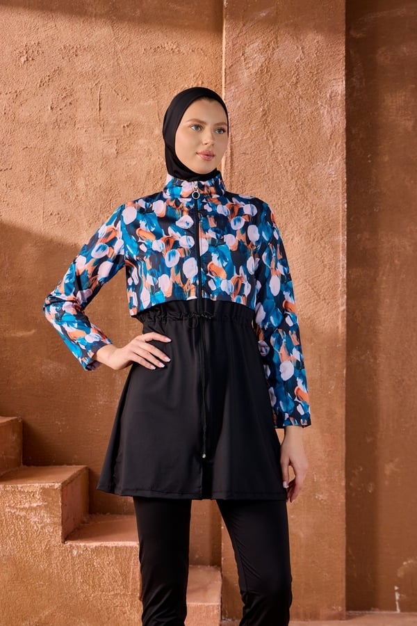 Starinci MayoStarinci Soyut Çiçek Desenli Tam Kapalı Tesettür Mayo - Tam Fermuarlı 4'lü Set