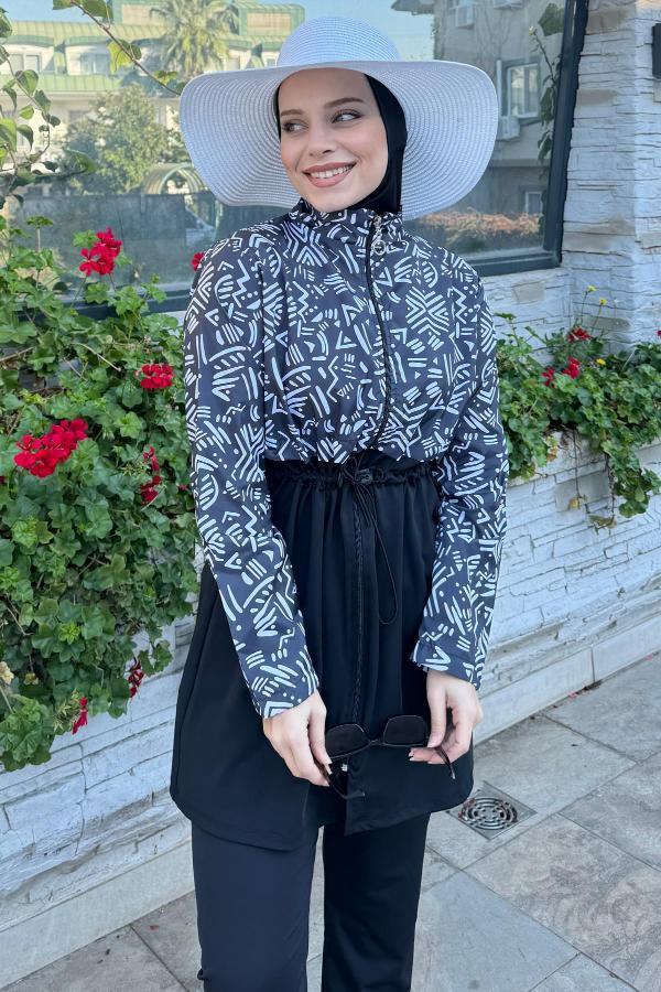 Afrikan desenli dokuma tam kapalı tesettür mayo ön görünüm