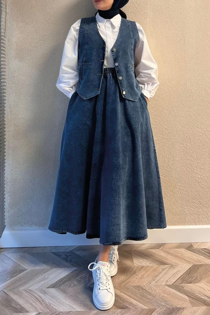 3'LÜ Kot Yelek Etek Gömlek Takım 1400 - Mavi