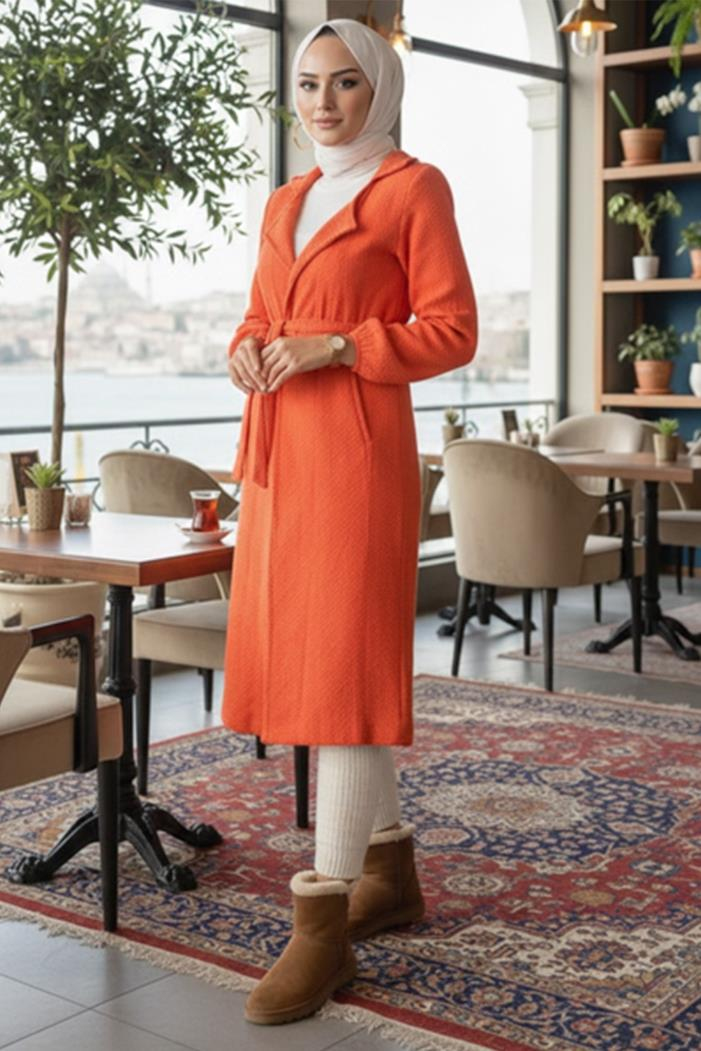 Alçin Kruvaze Yaka Kemerli Tesettür Hırka 365 - Turuncu