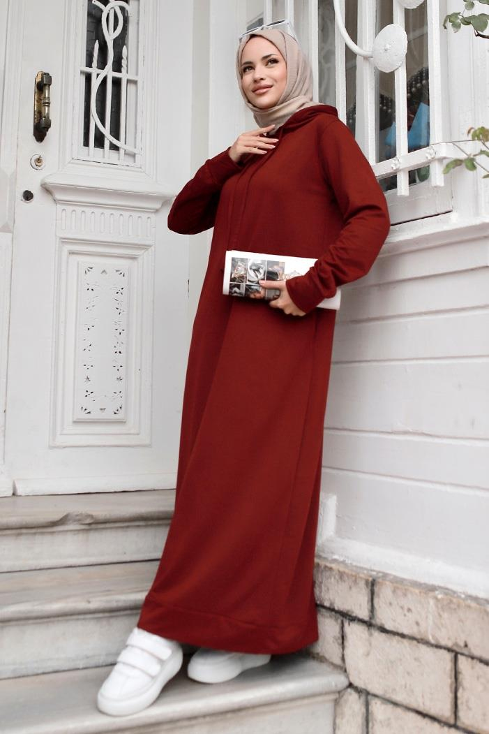 Almila Kapüşonlu Elbise 657 - Bordo