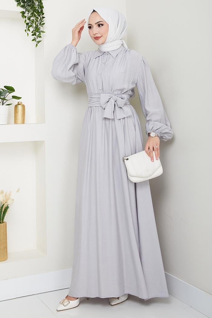 Alser Kuşaklı Elbise 1468 - Gri