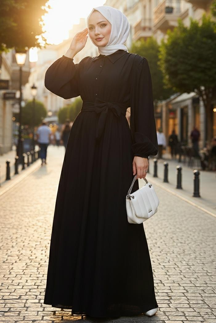 Alser Kuşaklı Elbise 1468 - Siyah