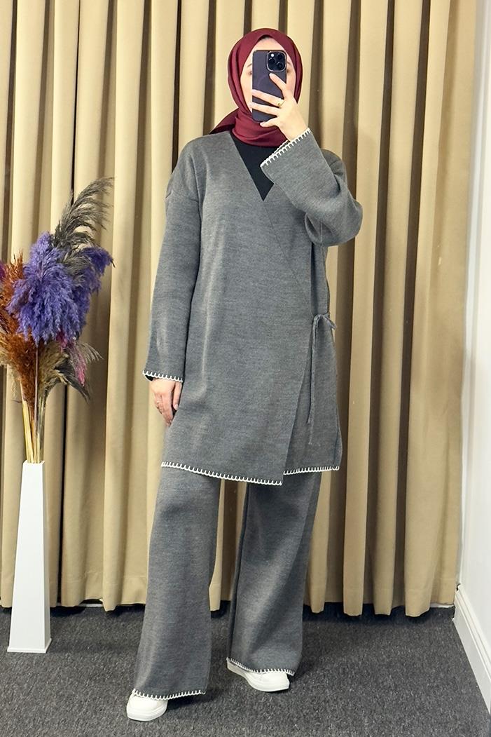 Anel Kimono Pantolon İkili Triko Takım 1229 - Antrasit