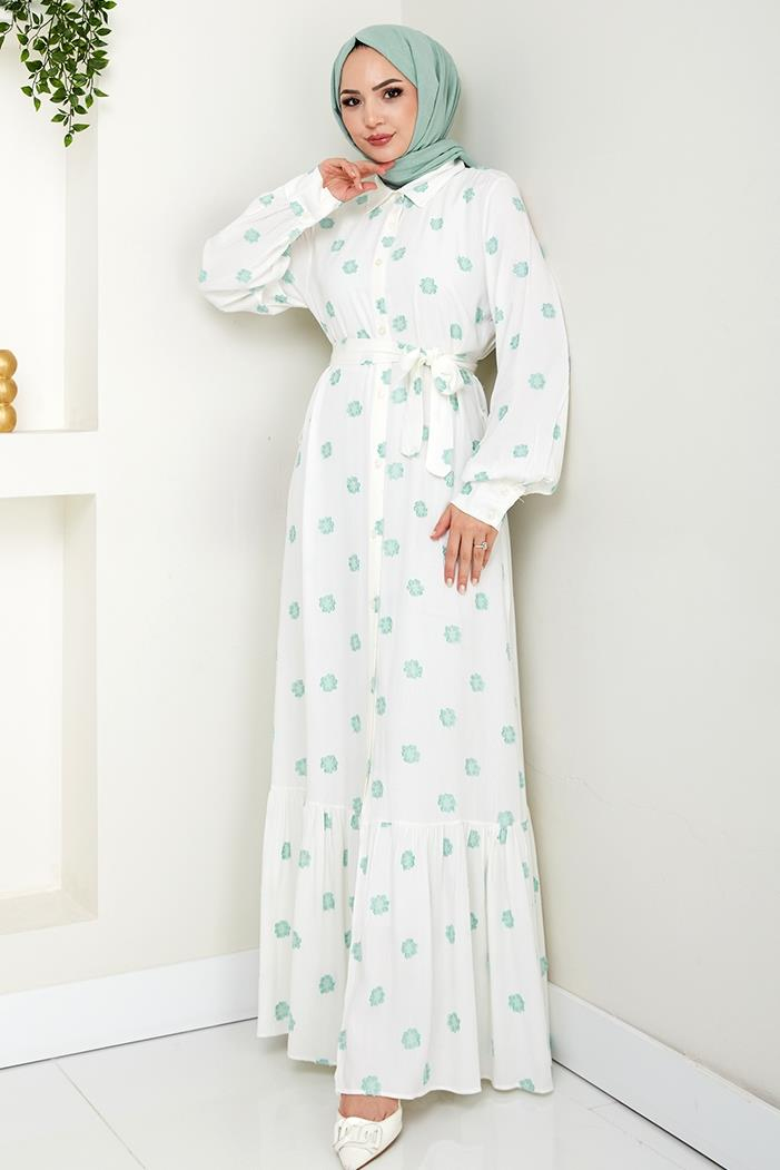 Anif Çiçek Desen Kemerli Elbise 1554 - Mint