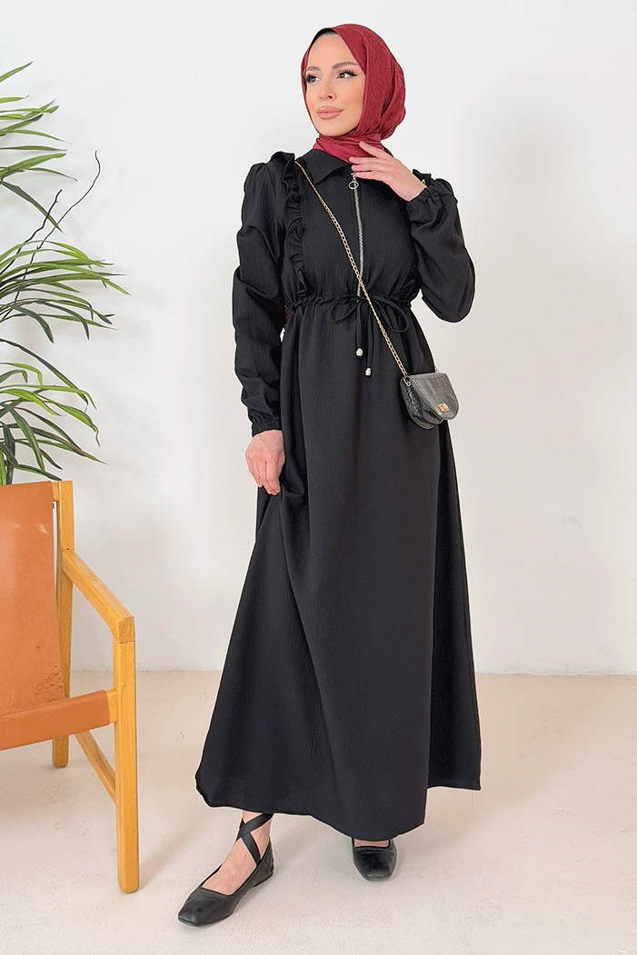 Ansel Fırfırlı Elbise 1368 - Siyah