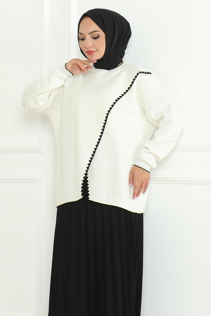 Asimetrik Kesim Triko Kazak 1194- Beyaz