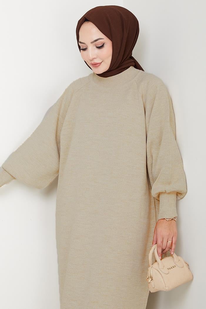 Balon Kol Triko Elbise 1600 - Vizon