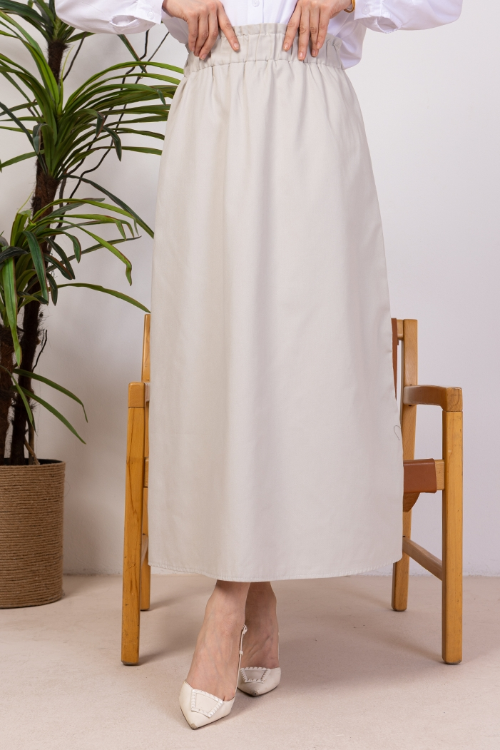 Benja Beli Lastikli Gabardin Etek 1405 - Krem