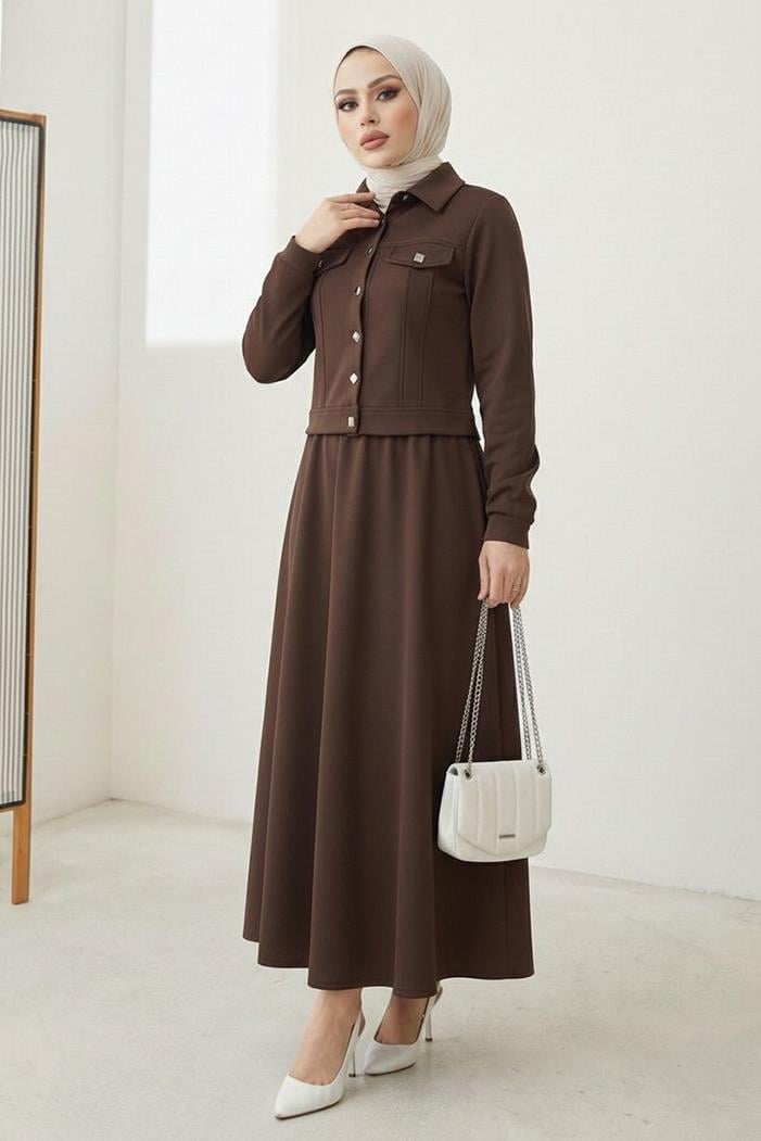 Ceket Etek Scuba İkili Takım 1614 - Kahve